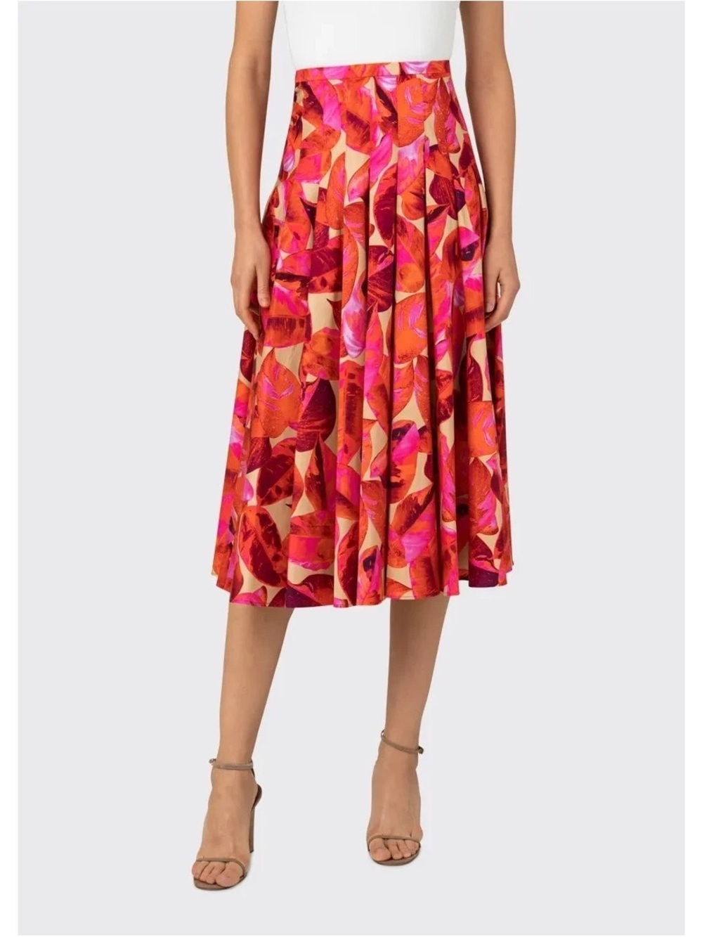 *AKRIS PUNTO* Pink x Orange Cotton Floral Circle Pleated Midi Skirt Size 6